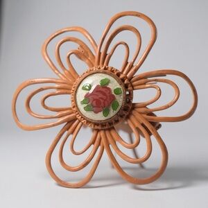Vintage 1950s Floral Brooch | Retro Wire Flower Pin w/ Hand Painted Rose Center